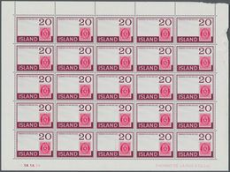 Island: 1973 'Stamp Centenary' 20kr. Complete Sheet Of 25 Showing Variety "COLOUR BLACK (SHIP) OMITT - Other & Unclassified