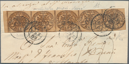 Italien - Altitalienische Staaten: Kirchenstaat: 1852, 3 Baj Brown Horizontal Stripe Of Five Tied By - Stato Pontificio