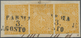 Italien - Altitalienische Staaten: Parma: 1853, 5 C Orange Horizontal Stripe Of 3 On Piece, Cancelle - Parma