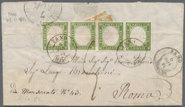 Italien - Altitalienische Staaten: Sardinien: 1861, 5 C Olive Green Horizontal Strip Of 4 Cancelled - Sardinië