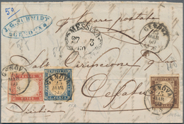 Italien - Altitalienische Staaten: Sardinien: 1857/60, 10 C Brown, 20 C Blue And 40 C Carmine Three- - Sardinia