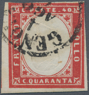 Italien - Altitalienische Staaten: Sardinien: 1861, 40 C Vermilion With Inverted Embossing Tied By O - Sardaigne