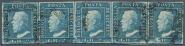 Italien - Altitalienische Staaten: Sizilien: 1959, 2 Gr Blue Horizontal Stripe Of Five Stamped, Most - Sicile