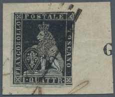 Italien - Altitalienische Staaten: Toscana: 1851, 1 Qu Black Tied By Grid Cancel On Piece, Three Sid - Toskana