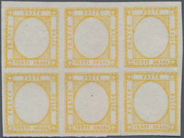 Italien: 1860, 20 Gr Brownish-yellow PROOF In Block Of 6 With Missing Middle Piece (embossing), Unus - Marcofilía