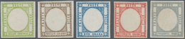 Italien: 1861, PROOF 1/2 Gr Green, 1/2 Gr Brown, 2 Gr Blue, 5 Gr Carmine And 50 Gr Pearl Grey Withou - Storia Postale