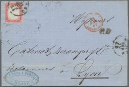 Italien: 1862, 40 C Karmin Cancelled With Circle MILANO On Cpl. Folded Letter To LYON/France, Beside - Marcofilie