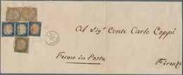 Italien: 1863. 15 C Blue "Sardinian Type" Definitve, Vertical Pair And Single (cut In At One Side), - Marcophilia
