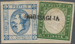 Italien: 1863, 15 C Blue Type II Mixed Franking With SARDINIA 5 C Dark Green Centric Cancelled With - Marcophilia