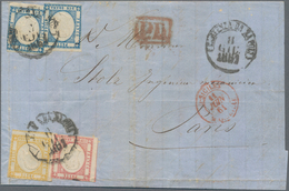 Italien: 1861, 2 Gr Blue (2 Copies), 5 Gr Rosaelilac And 20 Gr Greenish-yellow On Large Folded Lette - Poststempel