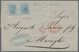 Italien: 1870, 20 C Light Blue Two Copies Cancelled With "2240" Marseille On Complete Folded Letter - Storia Postale