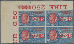 Italien: 1926, 2.50 L Blue/red Block Of Four, Upper Left Corner Edge, Imperforated, Mint Never Hinge - Marcophilia