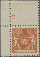 Liechtenstein: 1921, Freimarken Landeswappen, 3 Rp. Orange In Weiter Zähnung, Eckrandstück Links Obe - Cartas & Documentos