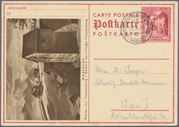 Liechtenstein - Ganzsachen: 1934, 20 Rp. Schloßhof,Bild Masescha, Bedarfskarte Mit LIBA-Ausstellungs - Postwaardestukken