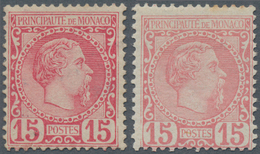 Monaco: 1885, Prince Charles III. 15c. Carmine Rose Two Singles In Different Shades, Mint Hinged And - Unused Stamps