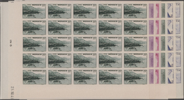 Monaco: 1946, Pictorial Definitives Complete Set Of Six In IMPERFORATE Blocks Of 25 From Lower Corne - Unused Stamps