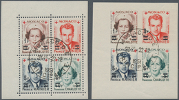 Monaco: 1951, RED CROSS Surcharges Two Sets In Se-tenant Perforate And IMPERFORATE Blocks With Margi - Unused Stamps