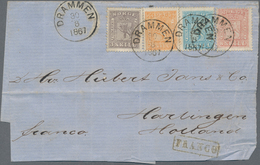 Norwegen: 1867, 3sk. Greyish Violet, 4sk. Blue, 8sk. Rose In Combination With 2sk. Orange, All Stamp - Briefe U. Dokumente