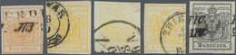 Österreich: 1850, 1 Kr. Gelb Vier Werte Mit Teils Unterschiedl. Papieren, Farben Und Typen Sowie 2 K - Used Stamps