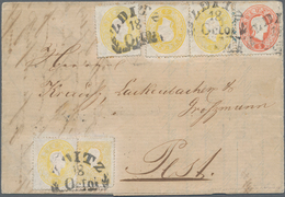 Österreich: 1858, 2 Kr Gelb, Type II, Zusammen Mit 1861, 4 X 2 Kr Gelb Und 5 Kr Rot, Entwertet Mit Z - Usados