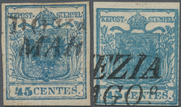 Österreich - Lombardei Und Venetien: 1850, 45 C. Blau HP Zwei Werte Auf GERIPPTEM Handpapier In Zwei - Lombardije-Venetië