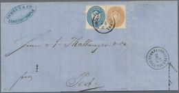 Rumänien: 1864: Austrian Levant Arms 10 S. Blue And 15 S. Brown, Perf. 9½, Very Fine Used On 1866 Co - Briefe U. Dokumente