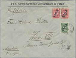 Russische Post In China: 1910, 2 K. Green And 4 K. Carmine (2, Blue Ovpt.) Tied "INKOU 9 5 14" To Co - Cina