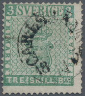 Schweden: 1855 TRE SKILL. Bco. Blue-green, Perf 14, Used And Cancelled By CARLSHAMN C.d.s., With Sli - Used Stamps