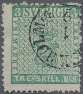 Schweden: 1855, TRE SKILL Bco Bluish Green, Fresh Colour And Well Perforated, Decentred Towards Top - Oblitérés