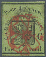 Schweiz - Genf: 1847, 5 C Schwarz Auf Lebhaftgelboliv Sauber Entwertet Mit Roter Rossette, Teils Lei - 1843-1852 Correos Federales Y Cantonales
