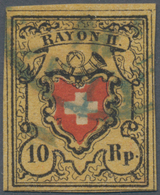 Schweiz: 1850 Rayon II 10 Rp. Schwarz/gelbbraun/rot, Type 3, Stein A1-O, Mit Marmoriertem Gelbdruck, - Unused Stamps