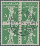 Schweiz: 1910 Tellknabe 5 Rp. Grün In Type II, Viererblock Mit ZENTRISCHEM STEMPEL "BERN 1 BRIEFANNA - Nuevos