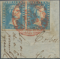 Spanien: 1850, 4r. Blue, Horizontal Pair Of Fresh Colour, Slightly Cut Into To Full Margins, Used On - Gebraucht