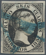 Spanien: 1851, 6cs. Black, Fresh Colour And Full To Wide Margins All Around, Neatly Oblit. By Blue P - Usati