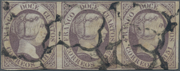 Spanien: 1851, 12cs. Lilac, Horizontal Strip Of Three, Deep Colour And Close To Full Margins, Oblit. - Used Stamps