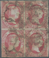 Spanien: 1851, 5r. Rose, Block Of Four, Fresh Colour And Full Margins All Around, Oblit. By Several - Usados