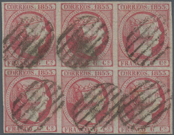 Spanien: 1853, 6cs. Carmine Rose, Block Of Six, Fresh Colour And Full Margins All Around, Clearly Ca - Usados