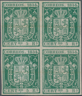 Spanien: 1854, 5r. Green, Proof Block Of Four On Ungummed Paper With Faint Annulment Marks, Signed R - Used Stamps