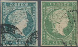 Spanien: 1856, Isabella Watermark Crossed Lines, 2 R. Green (matasello Fechador) And 4 R.greenishblu - Gebruikt