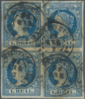 Spanien: 1860, 1 REAL Blue, Bloc Of 4 With All 4 Margins Large, Minime Precut Between Both Upper Sta - Gebraucht