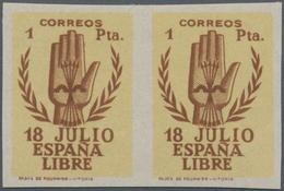 Spanien: 1938, National Elevation 1pta. Brown/yellow Horizontal IMPERFORATED Pair, Mint Never Hinged - Used Stamps