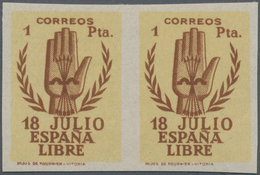 Spanien: 1938, National Elevation 1pta. Brown/yellow Horizontal IMPERFORATED Pair, Mint Never Hinged - Oblitérés