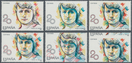 Spanien: 1988, Prominent Woman 20pta. 'Maria De Maeztu' Five Stamps With ERRORS Incl. One With BLUE - Used Stamps