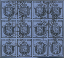 Spanien - Dienstmarken: 1854, UNA LIBRA Black On Blue, Block Of Twelve, Fresh Colour And Full Margin - Officials