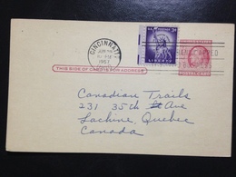 United States, Circulated Postal Card To Canada, 1957 - Cincinnati