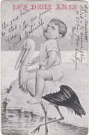 D1903 CARTE HUMORISTIQUE LES DEUX AMIS - ENFANT SUR LE DOS D'UNE CIGOGNE - CIRCULE EN 1911 - Humorous Cards