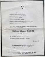 VP16.748 - PARIS 1973 - Faire - Part De Décès De Mme Gaston BARRI Née Jeanne TERRIER Inhumation Au Père Lachaise - Annunci Di Nozze