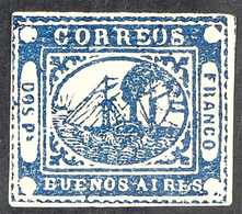 BUENOS AIRES 1858 2p Blue Steamship Local Stamp (Scott 2, SG P2), Unused No Gum, Four Margins (very Close At Upper Left) - Sonstige & Ohne Zuordnung