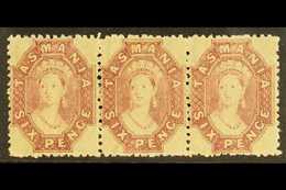 TASMANIA 1869 6d Reddish Mauve, Perf 12, Wmk Double Lined Numerals, SG 76, Superb Never Hinged Mint Strip Of 3. Lovely   - Other & Unclassified