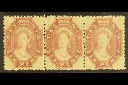 TASMANIA 1869 6d Reddish Mauve, Perf 12, Wmk Double Lined Numerals, SG 76, Superb Never Hinged Mint Strip Of 3. Lovely   - Autres & Non Classés